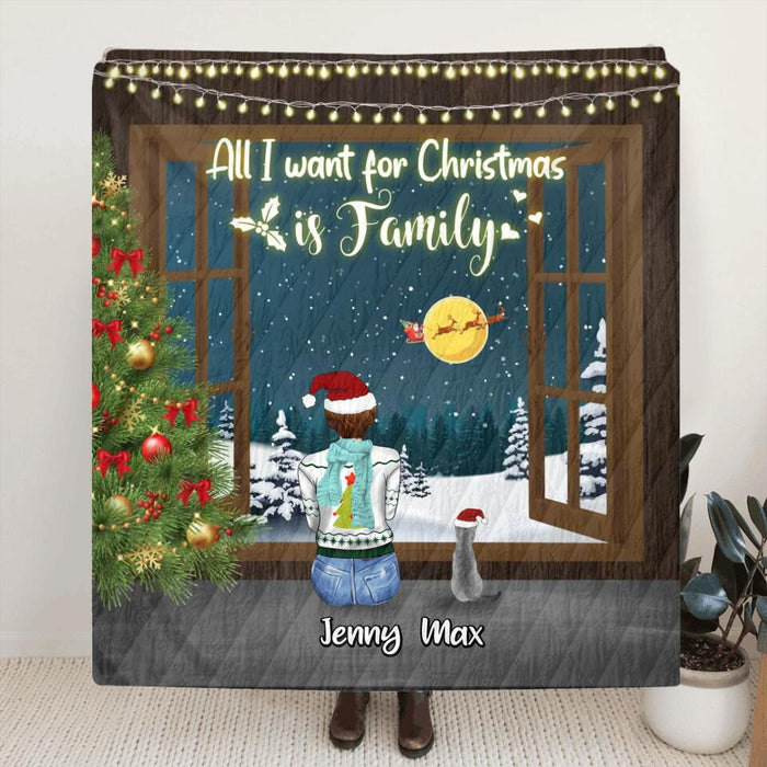 Custom Personalized Christmas Family Quilt/Fleece Throw Blanket - Gift Idea For Family/Christmas - Couple/Parents With Up To 3 Kids And 3 Pets - All I Want For Christmas Is Family