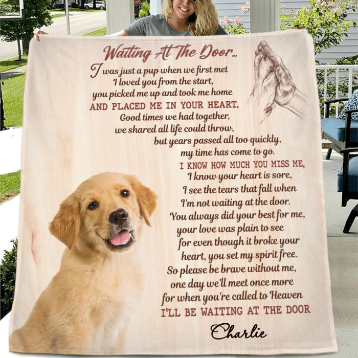 Custom Personalized Memorial Pet Photo Quilt/Fleece Blanket/Pillow Cover - Gift Idea For Dog/Cat Lovers - Waiting At The Door