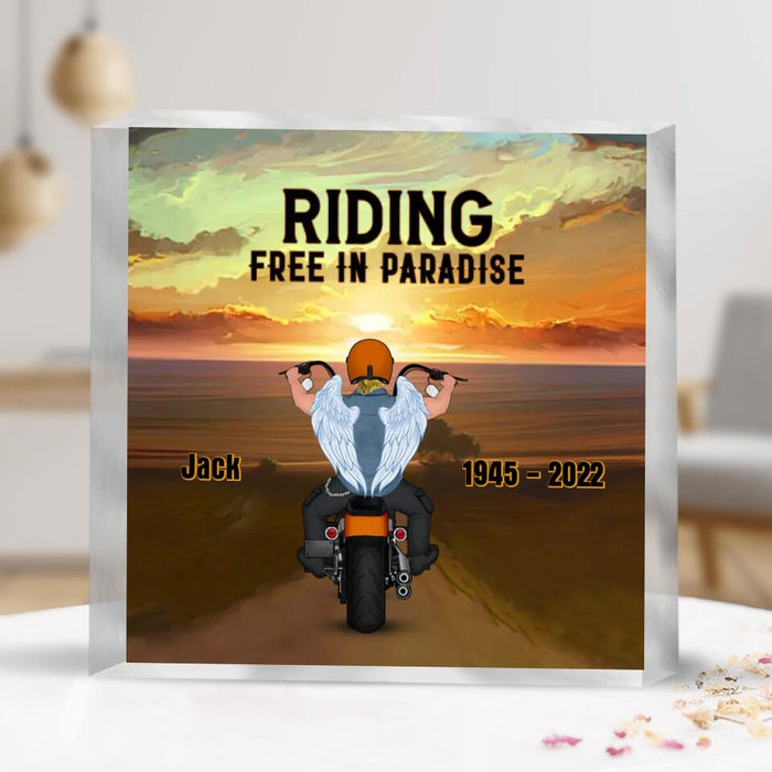 Custom Personalized Memorial Biker Square Acrylic Plaque - Memorial Gift Idea For Father's Day - Riding  Free In Paradise