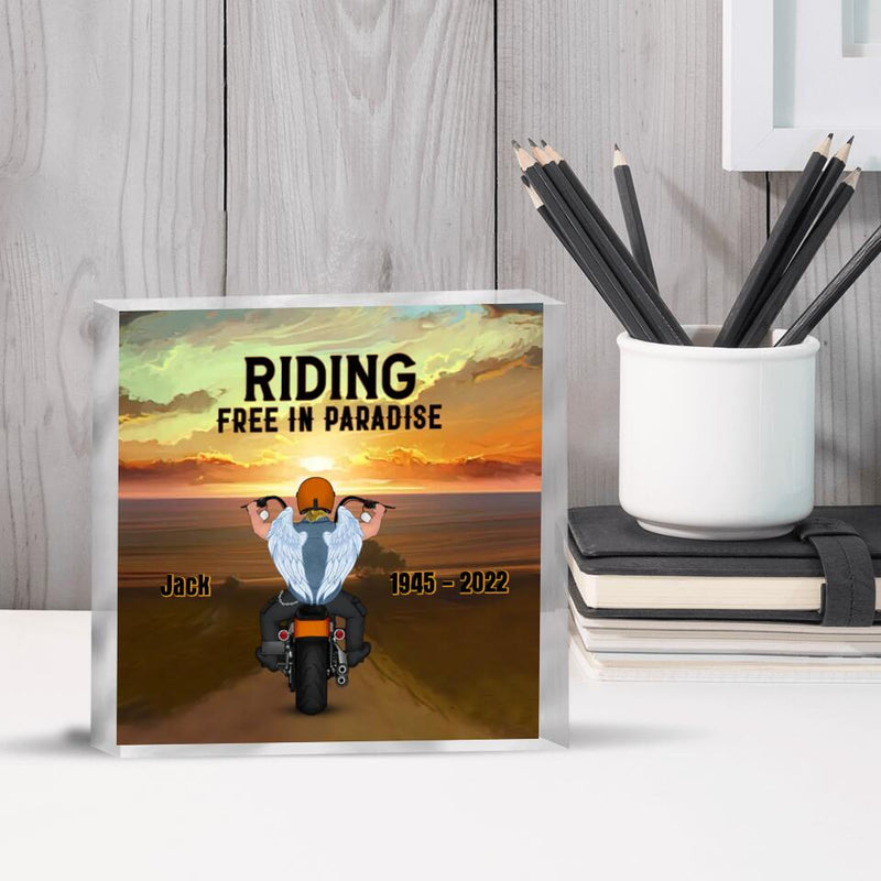 Personalized Memorial Biker Square Acrylic Plaque - Memorial Gift Idea For Father's Day - Riding  Free In Paradise
