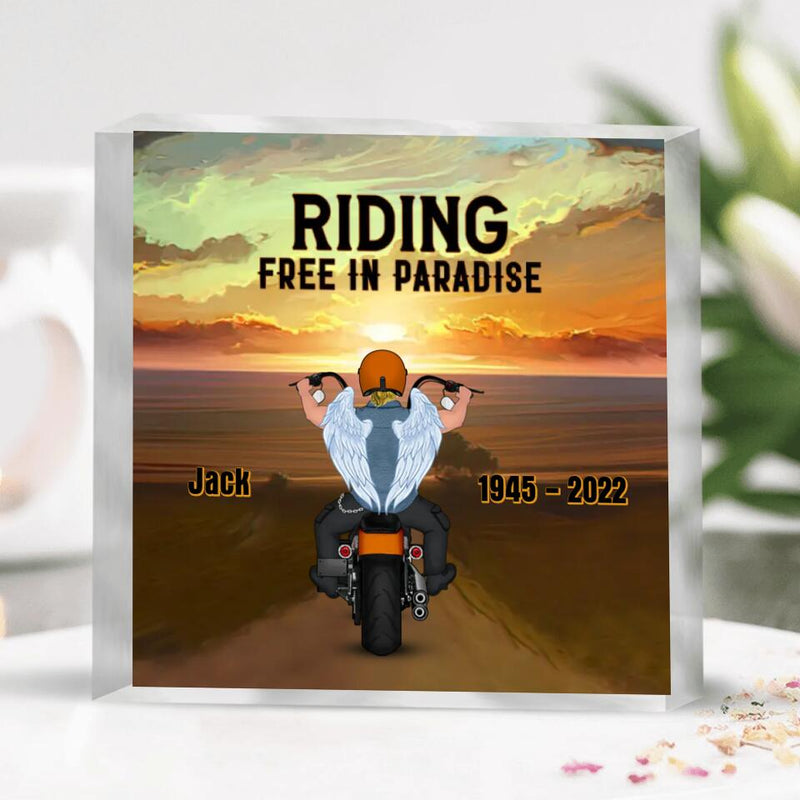 Personalized Memorial Biker Square Acrylic Plaque - Memorial Gift Idea For Father's Day - Riding  Free In Paradise