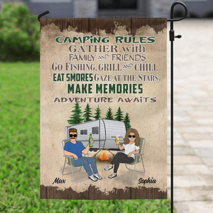 Custom Personalized Couple Camping Flag Sign - Gift Idea For Couple/Camping Lovers - Camping Rules Gather With Family & Friends