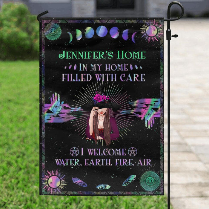 Custom Personalized Witch Lair Flag Sign - Gift Idea For Witch Lovers/Halloween - In My Home, Filled With Care I Welcome Water, Earth, Fire, Air
