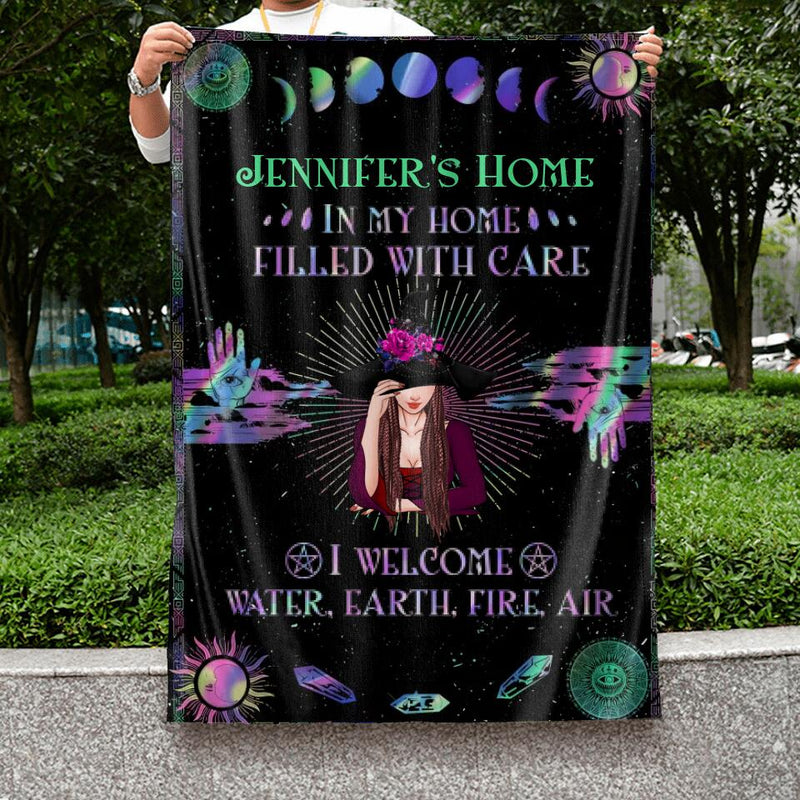 Personalized Witch Lair Flag Sign - Gift Idea For Witch Lovers/Halloween - In My Home, Filled With Care I Welcome Water, Earth, Fire, Air