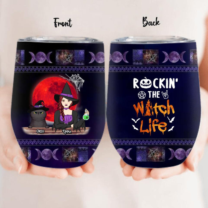 Personalized Pet Witch Wine Tumbler - Up to 3 Pets - Halloween Gift For Dog/Cat Lover - Rockin' The Witch Life