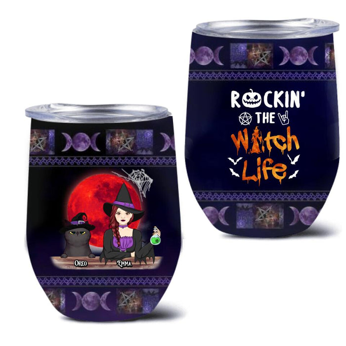 Personalized Pet Witch Wine Tumbler - Up to 3 Pets - Halloween Gift For Dog/Cat Lover - Rockin' The Witch Life