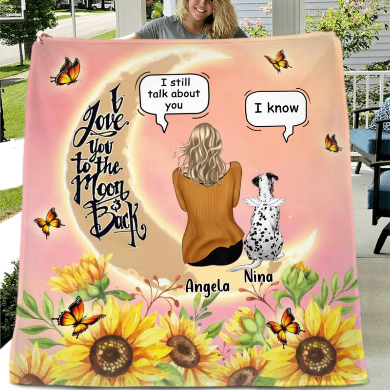 Personalized Memorial Pet Sunflower Pillow Cover/Fleece Blanket/Quilt - Memorial Gift Idea For Dog/Cat Lover - Adult/Couple With Up to 4 Pets - I Love You To The Moon & Back