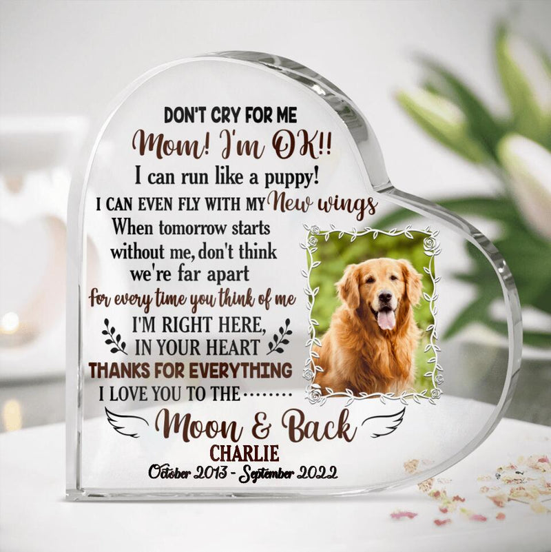 Custom Pet Photo Memorial Acrylic Plaque - Memorial Gift Idea For Dog Cat Lover - Don't Cry For Me Mom! I'm Ok!!