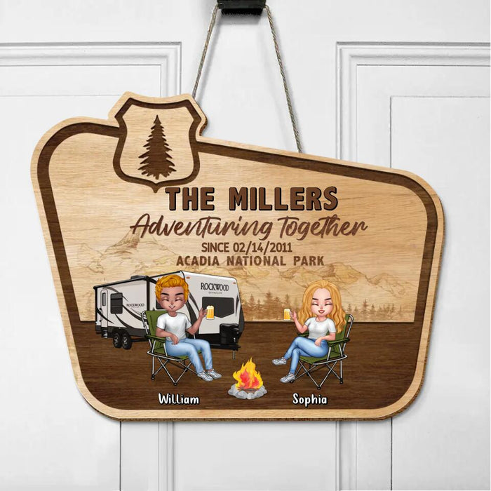 Personalized Couple Camping Wooden Sign - Couple With Up to 4 Pets - Gift Idea For Couple/Camping/Dog/Cat Lover - Adventuring Together
