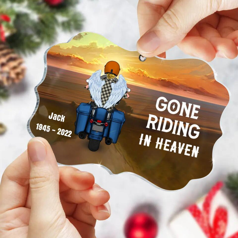 Personalized Memorial Biker Rectangle Acrylic Ornament - Memorial Gift Idea For Father's Day - Gone Riding In Heaven