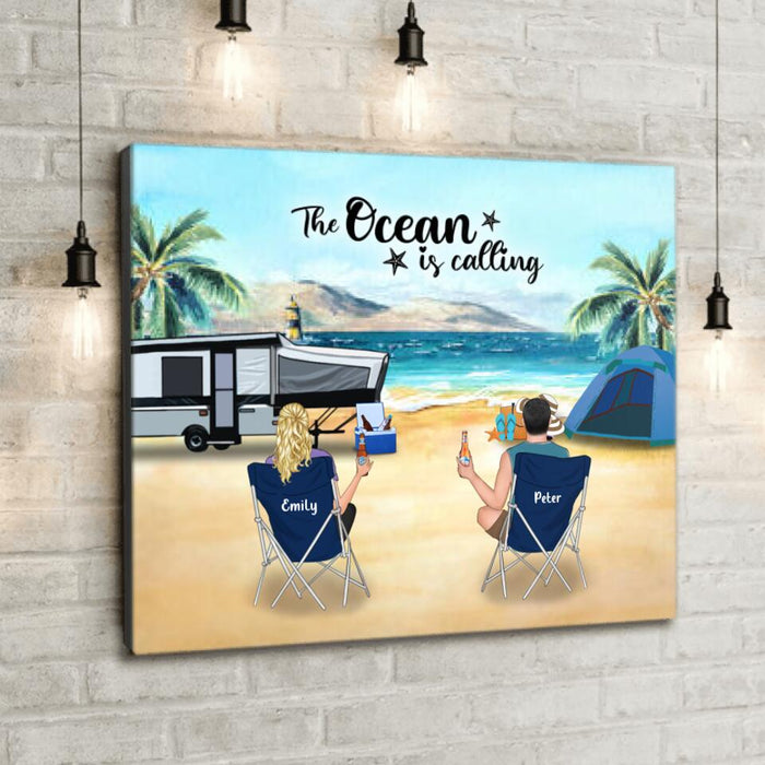 Personalized Beach Camping Canvas - Couple/Parents with upto 4 Kids and 2 Pets - Gift For Father's Day from Wife to Husband - The Ocean Is Calling - 1CTOH9