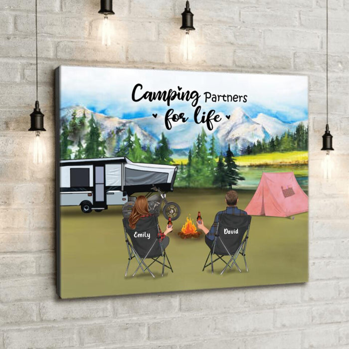 Custom Personalized Camping Canvas - Parents with up to 4 Kids and 2 Pets - Father's Day Gift from Wife to Husband - Camping Partners For Life