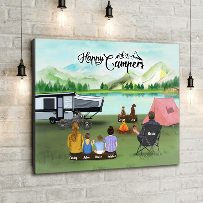 Custom Personalized Camping Canvas - Single Man/Woman with up to 4 Kids and 2 Pets - Gift For Father's Day - Happy Campers