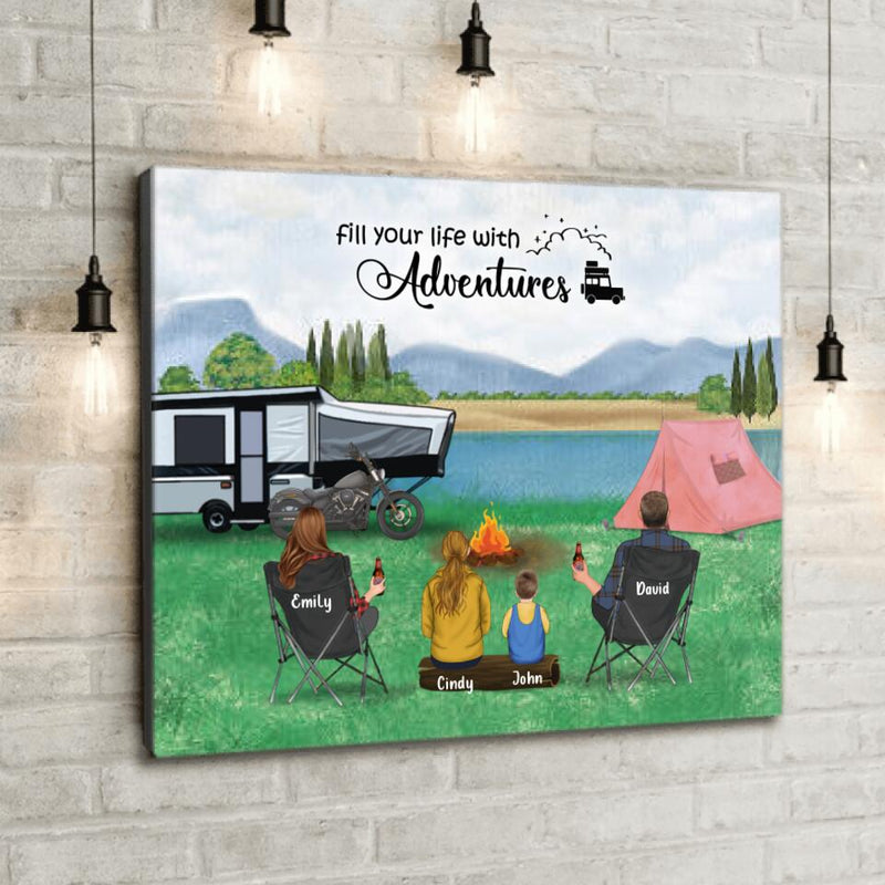Custom Personalized Camping Canvas - Parents with 2 Kids and up to 4 Pets - Father's Day Gift from Wife to Husband - Fill your life with adventures