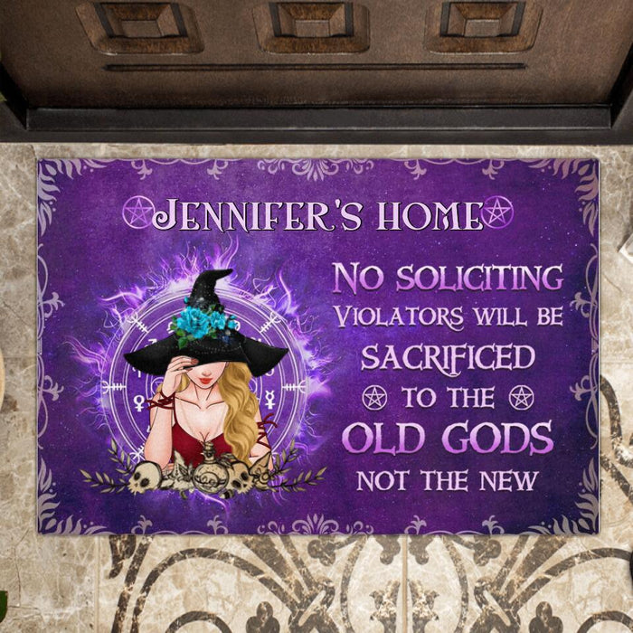 Personalized Wicca Doormat - Halloween Gift Idea For Friend/Wiccan Decor/Pagan Decor - No Soliciting Violators Will Be Sacrificed To The Old Gods Not The New