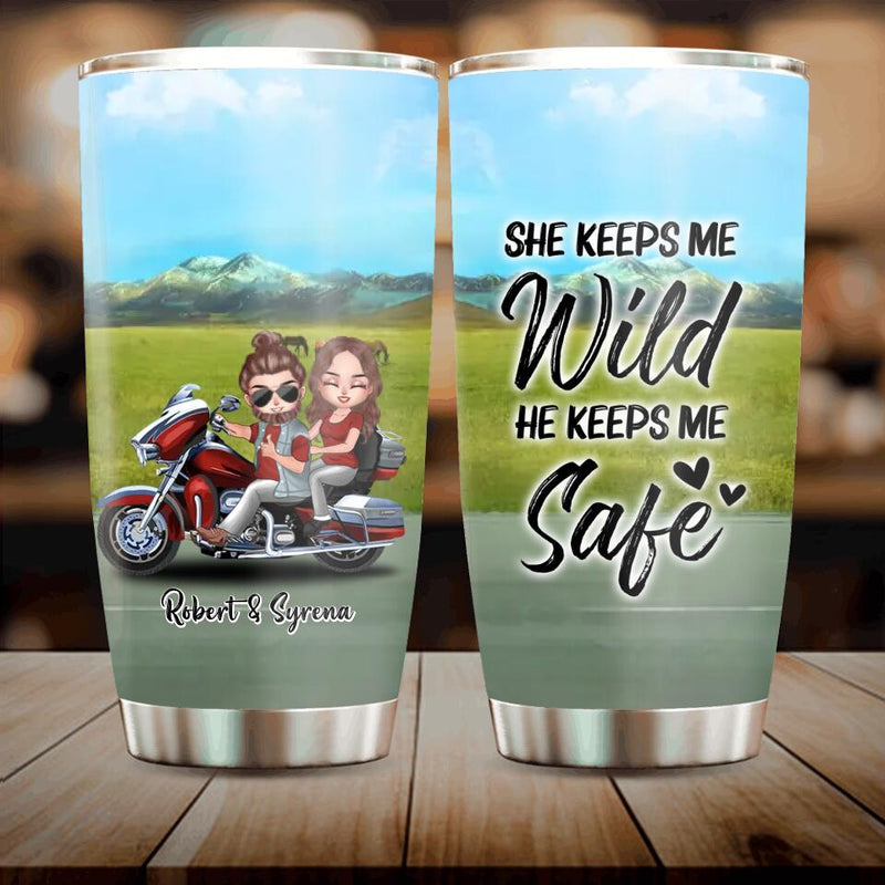 Personalized Couple Riding Tumbler - Gift Idea For Couple/Biker - She Keeps Me Wild, He Keeps Me Safe
