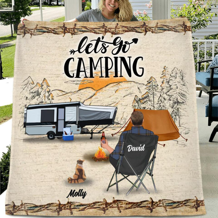 Custom Personalized Camping Quilt/Single Layer Fleece Blanket - Gift Idea For Camping Lovers - Couple/Single Man/Woman With Upto 6 Pets - Let's Go Camping