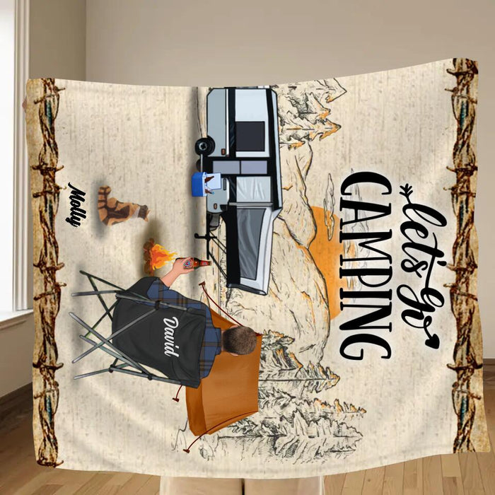 Custom Personalized Camping Quilt/Single Layer Fleece Blanket - Gift Idea For Camping Lovers - Couple/Single Man/Woman With Upto 6 Pets - Let's Go Camping