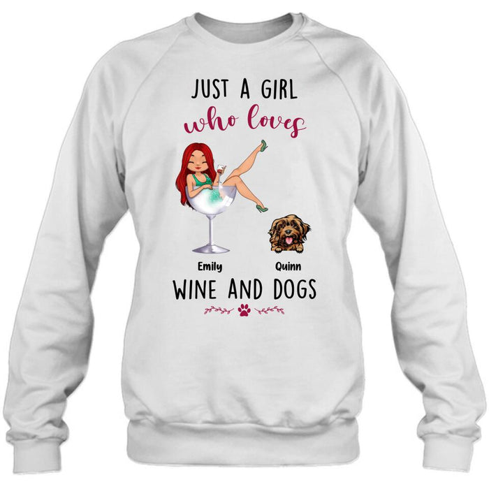 Personalized Dog Mom T-shirt/Long Sleeve/Sweatshirt/Hoodie - Up to 4 Dogs - Gift Idea For Dog Lover - Just A Girl Who Loves Wine And Dogs