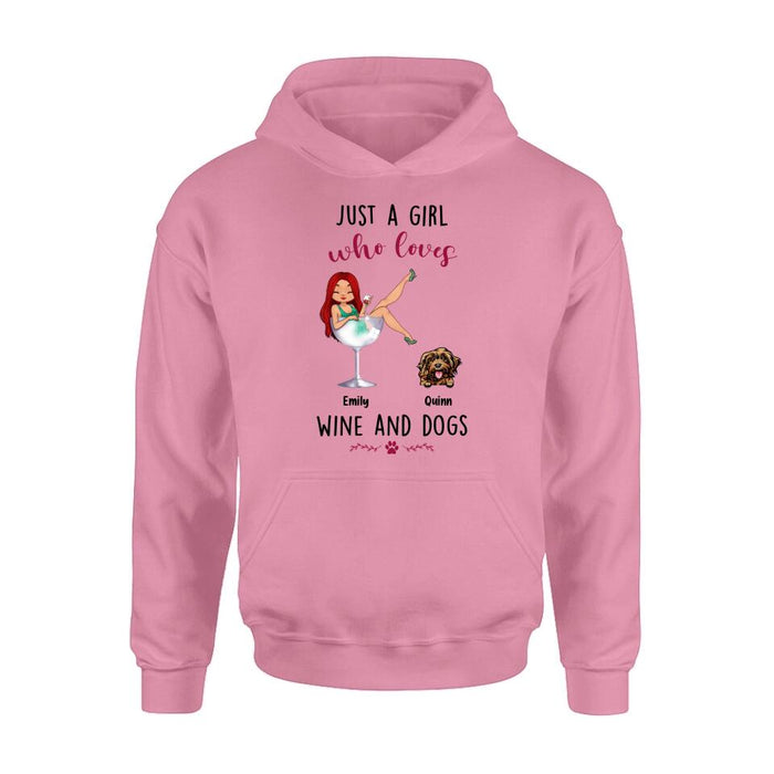 Personalized Dog Mom T-shirt/Long Sleeve/Sweatshirt/Hoodie - Up to 4 Dogs - Gift Idea For Dog Lover - Just A Girl Who Loves Wine And Dogs