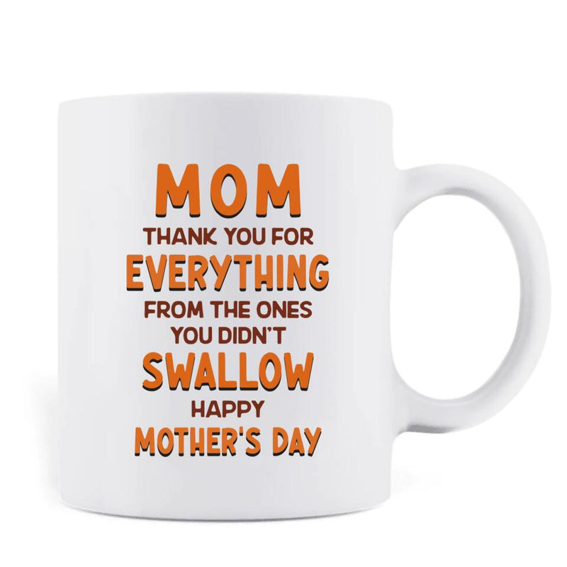 Personalized Happy Mother's Day Coffee Mug - Mother's Day Gift - Mom Thank You For Everything From The Ones You Didn't Swallow