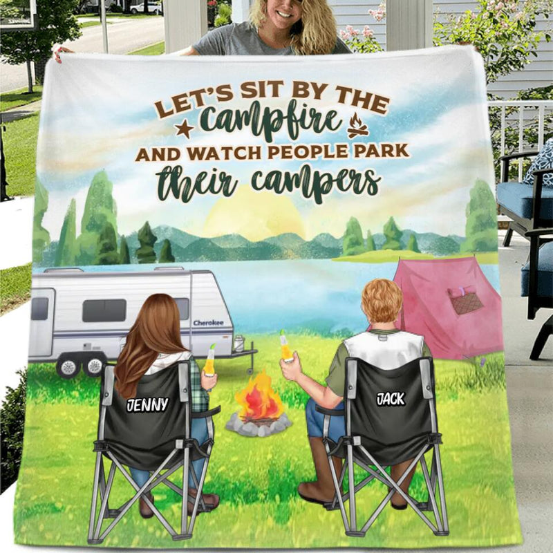 Personalized Camping Couple Fleece Throw Blanket/Quilt - Gift for Couple/Camping Lovers/ Mother's Day Gift From Husband - Let's Sit By The Campfire And Watch People Park Their Campers