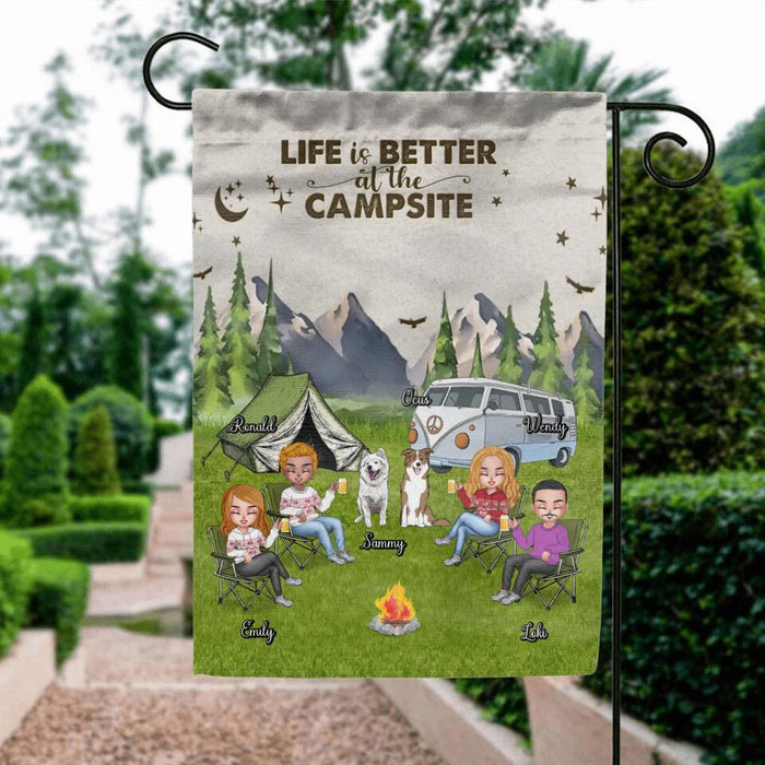 Custom Personalized Camping Flag - Upto 4 People and 2 Pets - Gift Idea For Couple/Camping/Dog/Cat Lovers - Life Is Better At The Campsite