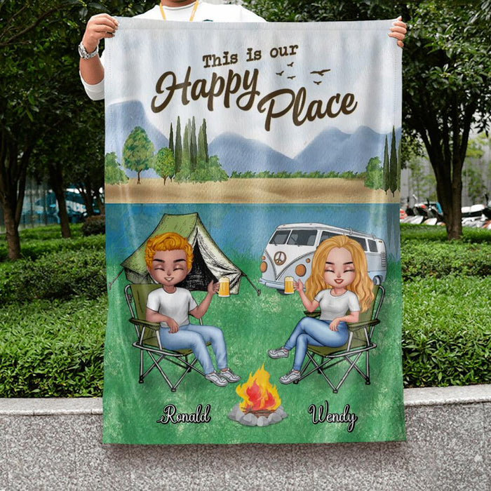 Custom Personalized Camping Flag Sign - Upto 4 People and 2 Pets - Gift Idea For Couple/ Camping/ Dog/Cat Lovers - This Is Our Happy Place