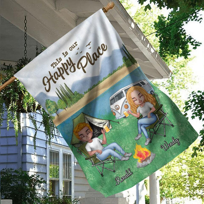 Custom Personalized Camping Flag Sign - Upto 4 People and 2 Pets - Gift Idea For Couple/ Camping/ Dog/Cat Lovers - This Is Our Happy Place