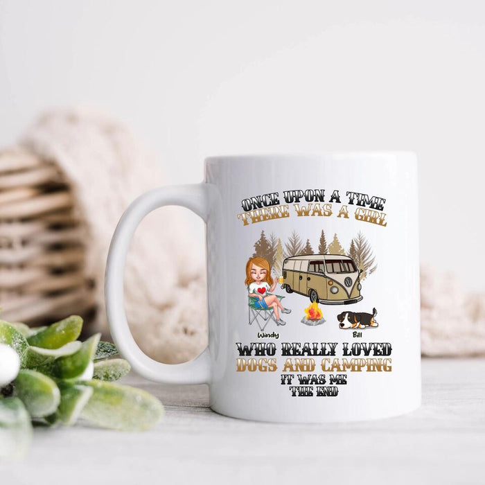 Personalized Dog Camping Queen Coffee Mug - Gift Idea For Camping Lovers/Friends/Dog Mom - Up to 3 Dogs - Once Upon A Time There Was A Girl Who Really Loved Dogs And Camping It Was Me The End