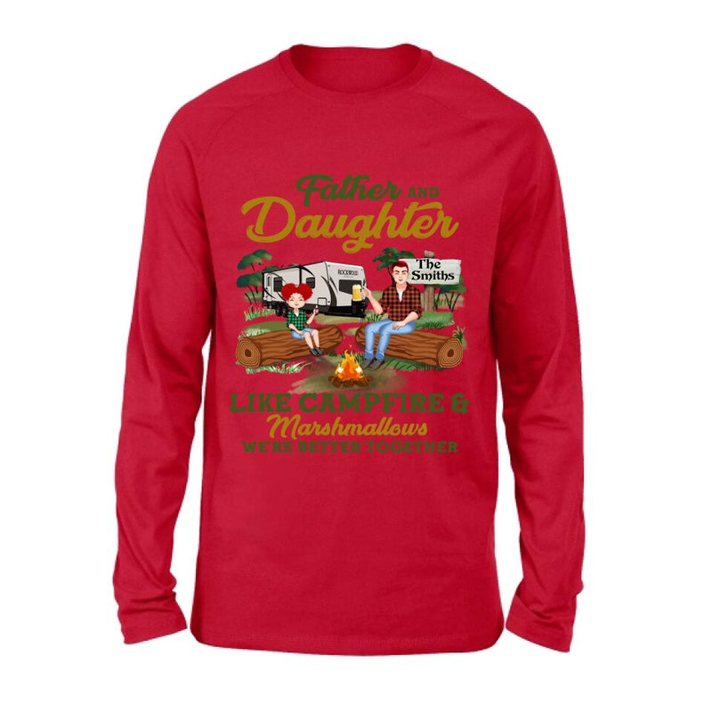Personalized Camping Dad Shirt/Pullover Hoodie - Father's Day Gift For Camping Lover - Dad/Parents With Up to 2 Kids And 4 Dogs - Father And Daughter Like Campfire & Marshmallows