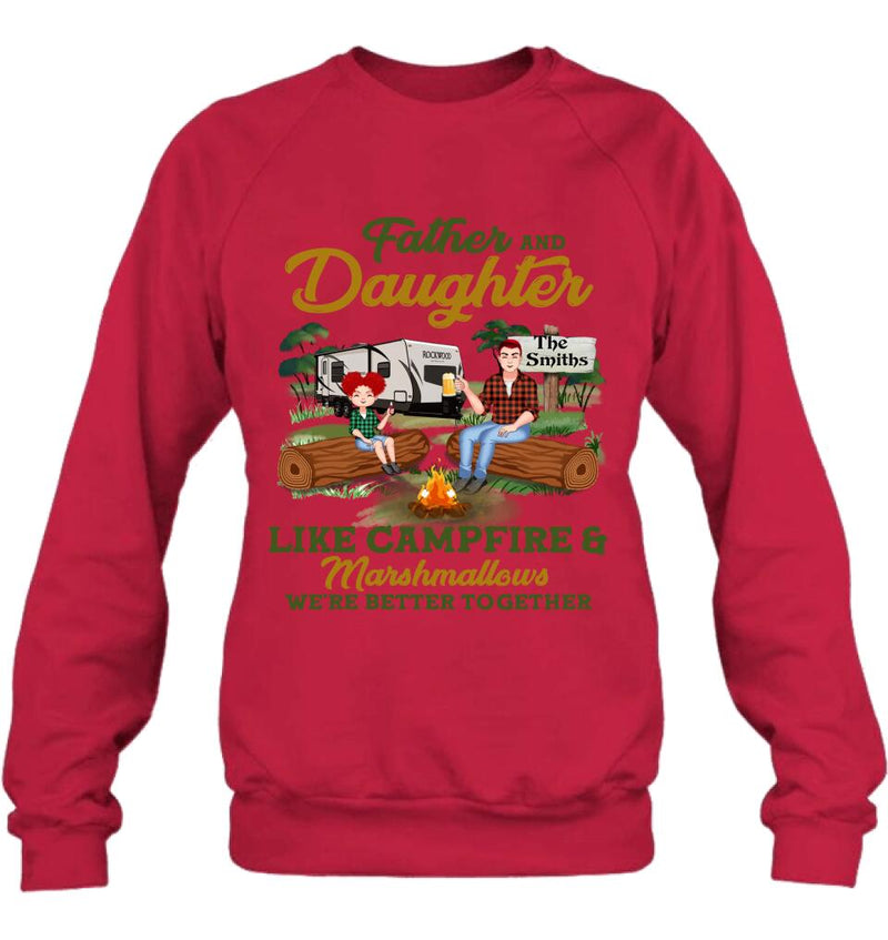 Personalized Camping Dad Shirt/Pullover Hoodie - Father's Day Gift For Camping Lover - Dad/Parents With Up to 2 Kids And 4 Dogs - Father And Daughter Like Campfire & Marshmallows