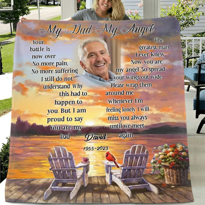Personalized Memorial Photo Fleece Throw Blanket/Quilt - Gift Idea For Father's Day - My Dad/Husband My Angel