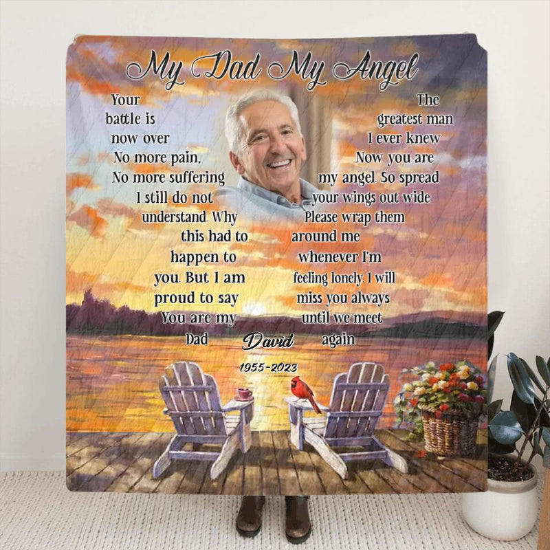 Personalized Memorial Photo Fleece Throw Blanket/Quilt - Gift Idea For Father's Day - My Dad/Husband My Angel
