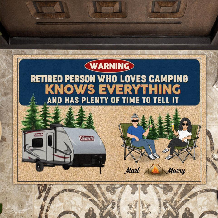 Custom Personalized Retired Couple Doormat - Gift Idea For The Retired/Mother's Day/Father's Day - Warning Retired Person Who Loves Camping Knows Everything