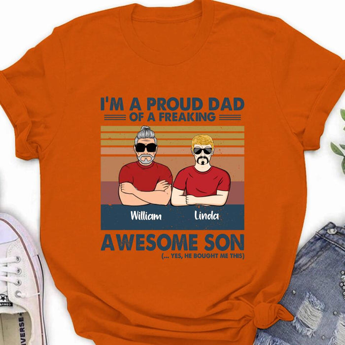 Custom Personalized Parent With Children Shirt/Long Sleeve/Hoodie/Sweatshirt - Gift Idea For Mother's Day/Father's Day - Upto 4 Children - I'm A Proud Dad Of A Freaking Awesome Son