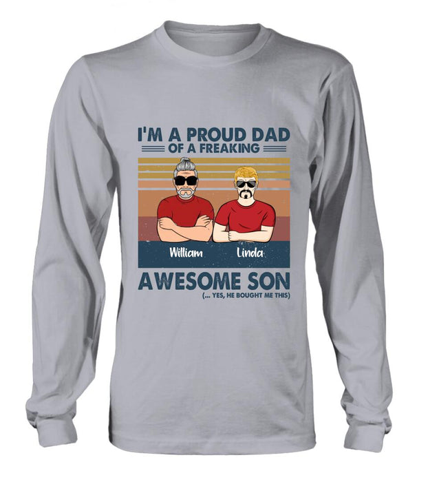 Custom Personalized Parent With Children Shirt/Long Sleeve/Hoodie/Sweatshirt - Gift Idea For Mother's Day/Father's Day - Upto 4 Children - I'm A Proud Dad Of A Freaking Awesome Son