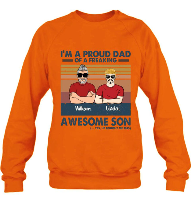 Custom Personalized Parent With Children Shirt/Long Sleeve/Hoodie/Sweatshirt - Gift Idea For Mother's Day/Father's Day - Upto 4 Children - I'm A Proud Dad Of A Freaking Awesome Son