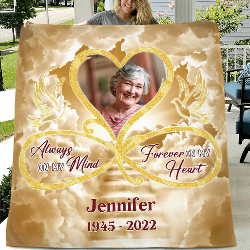Personalized Memorial Photo Fleece Throw Blanket/Quilt/Pillow Cover - Memorial Gift Idea For Mother's Day/Father's Day - Always On My Mind Forever In My Heart
