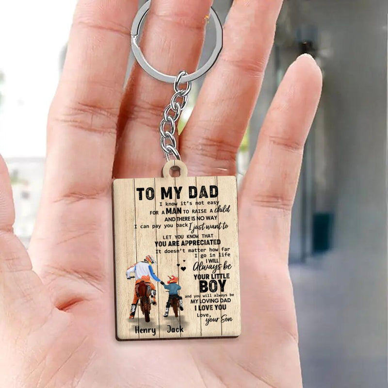 Personalized Dad And Son Biker Wooden Keychain - Gift Idea For Father's Day/Bike Lovers - To My Dad, I Know It's Not Easy For A Man To Raise A Child