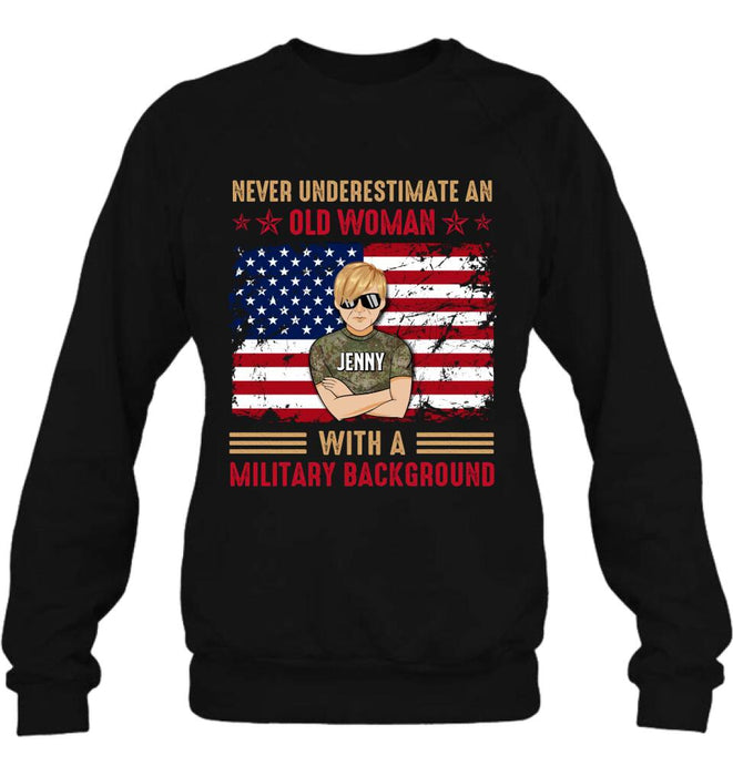 Custom Personalized Female Veteran T-shirt/ Long Sleeve/ Sweatshirt/ Hoodie - Veteran Gift Idea - Never Underestimate An Old Woman With A Military Background