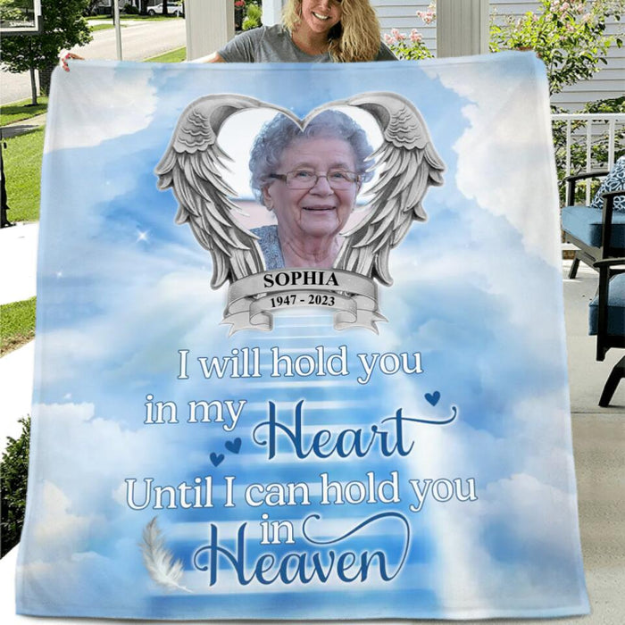 Custom Personalized Memorial Photo Quilt/Singer Layer Fleece Blanket/Pillow Cover - Memorial Gift Idea For Mother's Day/Father's Day - I Will Hold You In My Heart