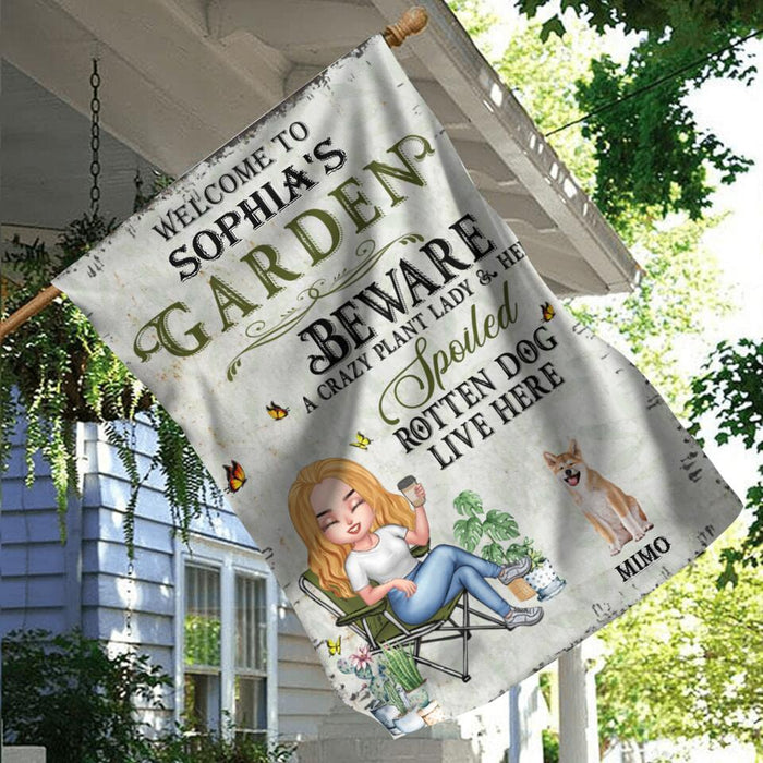 Custom Personalized Pet Mom Flag - Upto 5 Pets - Mother's Day Gift Idea For Dog/Cat/Chicken Lover - Beware A Crazy Plant Lady & Her Spoiled Rotten Dog Live Here