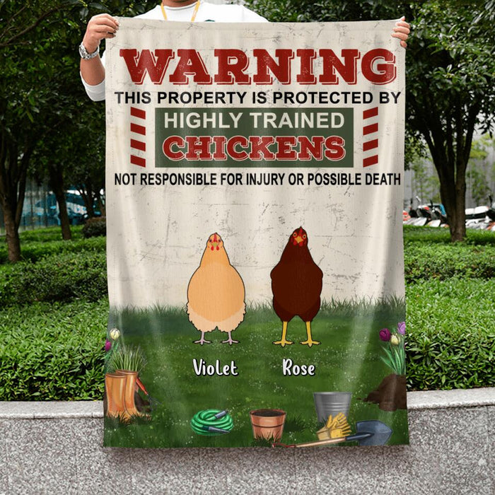 Custom Personalized Chicken Flag Sign - Up to 7 Chickens - Gift Idea For Chicken Lovers - Warning This Property Is Protected By Highly Trained Chickens Not Responsible For Injury Or Possible Death