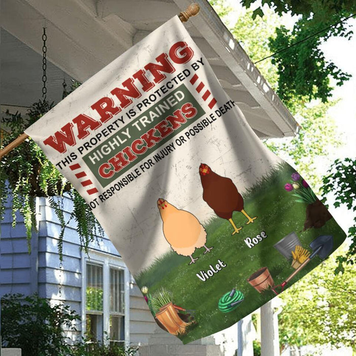 Custom Personalized Chicken Flag Sign - Up to 7 Chickens - Gift Idea For Chicken Lovers - Warning This Property Is Protected By Highly Trained Chickens Not Responsible For Injury Or Possible Death