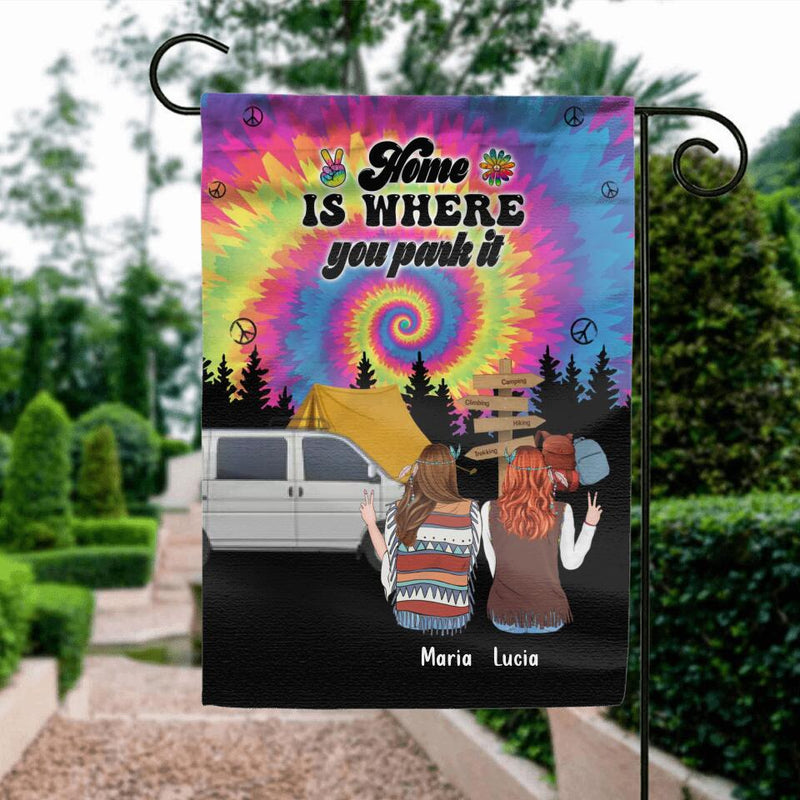Personalized Hippie Friends Flag Sign - Gift Idea For Hippie Lovers - Up to 3 Girls - Home Is Where You Park It