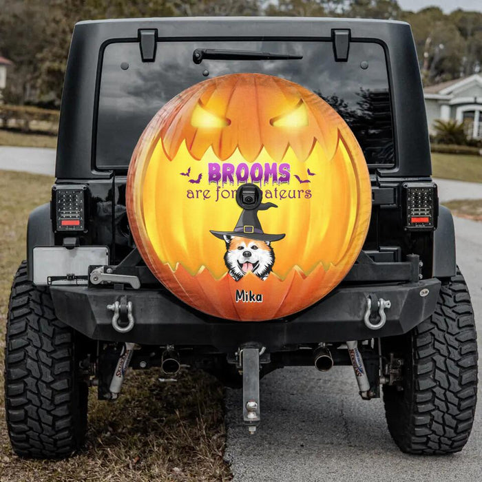 Custom Personalized Halloween Dog Spare Tire Cover - Up to 6 Dogs - Gift Idea For Halloween/ Dog Lover - Brooms Are For Amateurs