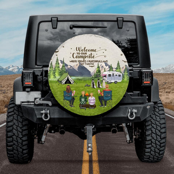 Custom Personalized Camping Spare Tire Cover - Adult/Couple/Single Parent/Parents with Upto 3 Pets - Gift Idea For Couple/Camping/Dog/Cat Lovers - Welcome To Our Campsite