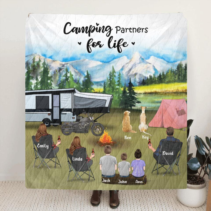 Custom Personalized Camping Blanket - 3 Adults with 3 Kids and 2 Dogs - Father's Day Gift From Wife to husband,Gift Idea For The Whole Family - Camping Partners For Life