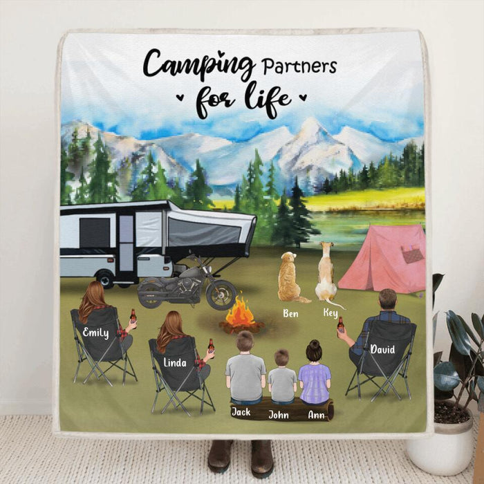 Custom Personalized Camping Blanket - 3 Adults with 3 Kids and 2 Dogs - Father's Day Gift From Wife to husband,Gift Idea For The Whole Family - Camping Partners For Life